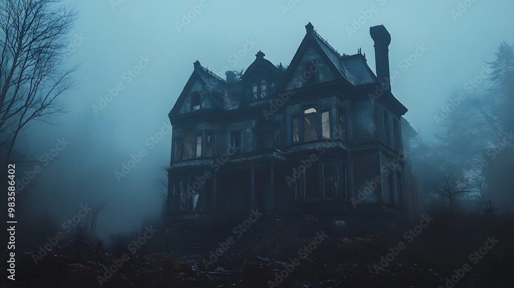 A large, ominous Victorian house stands shrouded in fog on a dark, cloudy day, its windows broken and empty, conveying a sense of abandoned mystery and decay. A large, ominous Victorian house stands shrouded in fog on a dark, cloudy day, its windows broken and empty, conveying a sense of abandoned mystery and decay.