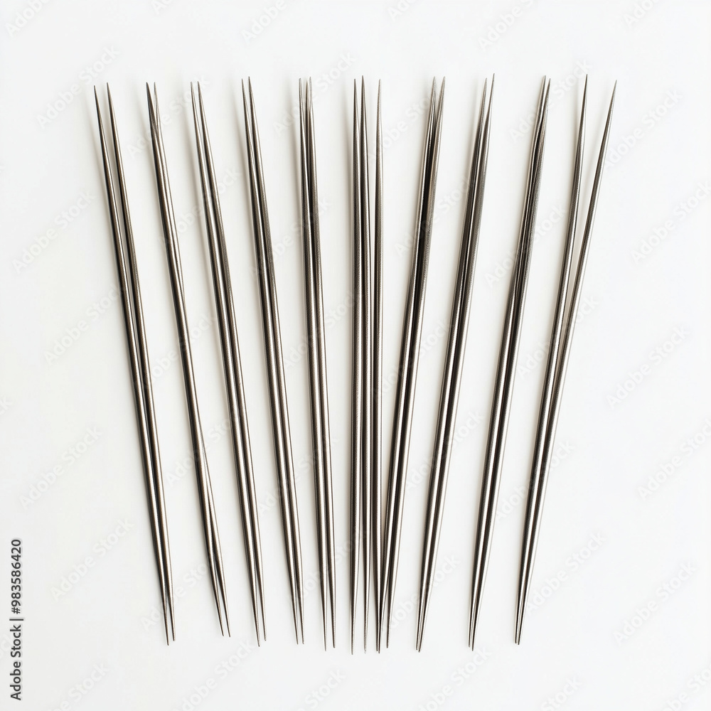 Set of Metal Skewers Lined Up: Top-Down View for Grilling Enthusiasts Set of Metal Skewers Lined Up: Top-Down View for Grilling Enthusiasts
