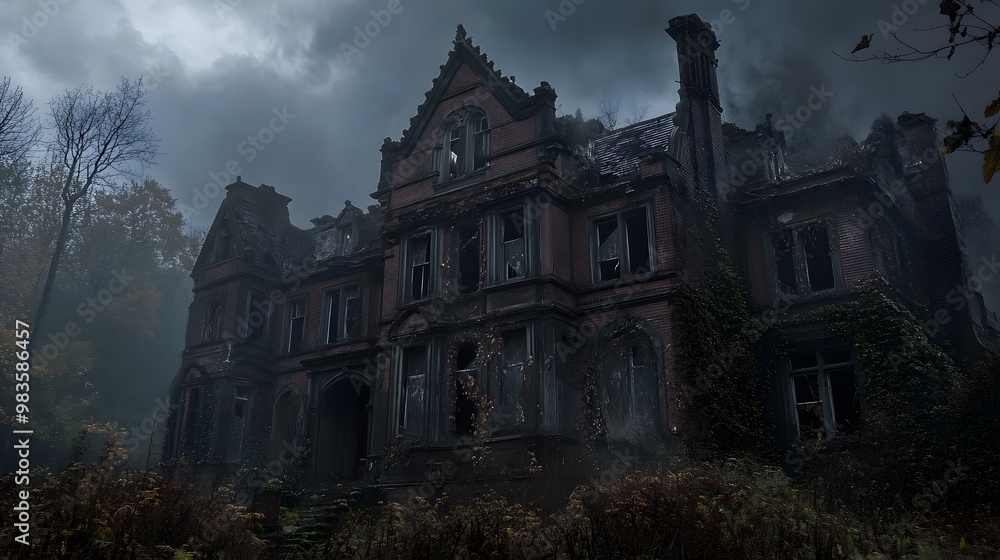 A large, abandoned, and dilapidated house with broken windows, vines growing on its walls, and smoke coming from the chimney. The house is surrounded by trees and fog. A large, abandoned, and dilapidated house with broken windows, vines growing on its walls, and smoke coming from the chimney. The house is surrounded by trees and fog.