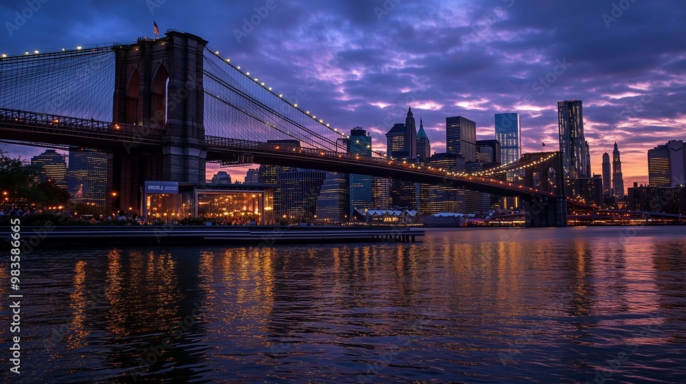 Obraz premium Dusk view of Brooklyn Bridge illuminating the skyline over East River with stunning purple hues in the evening sky