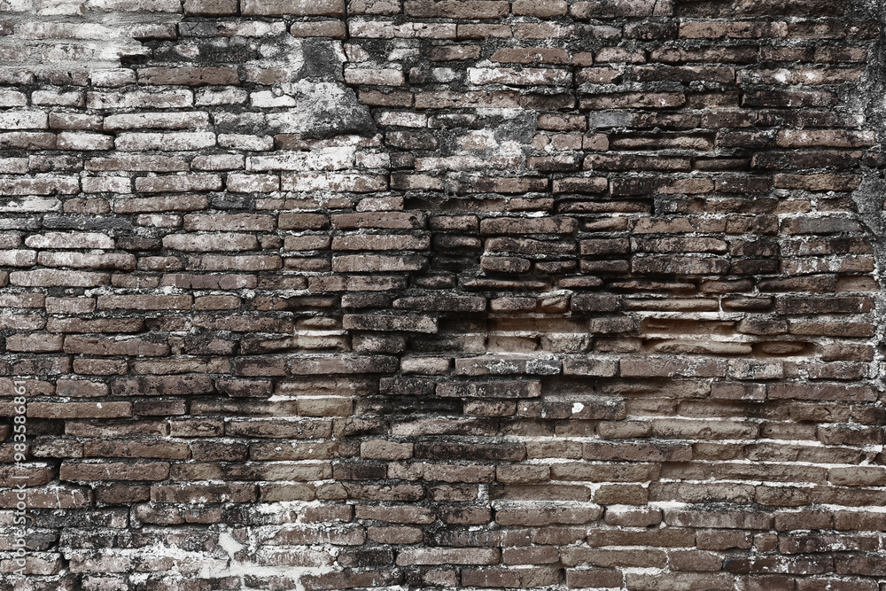 Surface of the red brick wall is very old, damaged, dirty and covered with black mold.