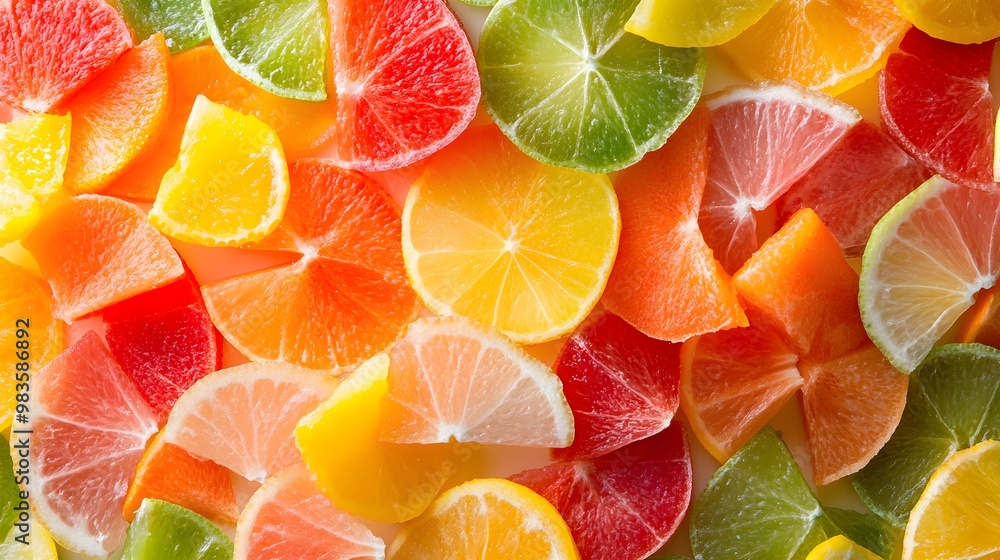 A vibrant arrangement of sliced citrus fruits, including lemon, lime, orange, grapefruit, and blood orange, creating a colorful and refreshing background. A vibrant arrangement of sliced citrus fruits, including lemon, lime, orange, grapefruit, and blood orange, creating a colorful and refreshing background.