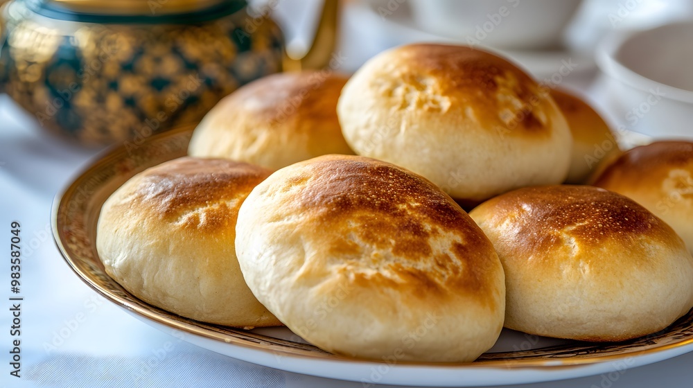 A plate of freshly baked, golden brown buns with a teapot and cups in the background.