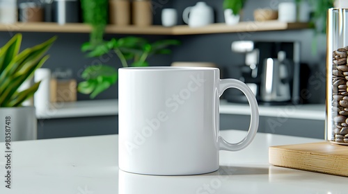 A white coffee mug mockup is placed on a countertop, surrounded by coffee beans and plants, ready for customization.