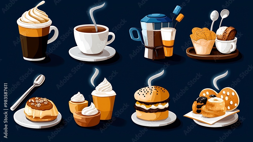 A delicious set of coffee and pastries with whipped cream sits ready for a delightful treat. A delicious set of coffee and pastries with whipped cream sits ready for a delightful treat.