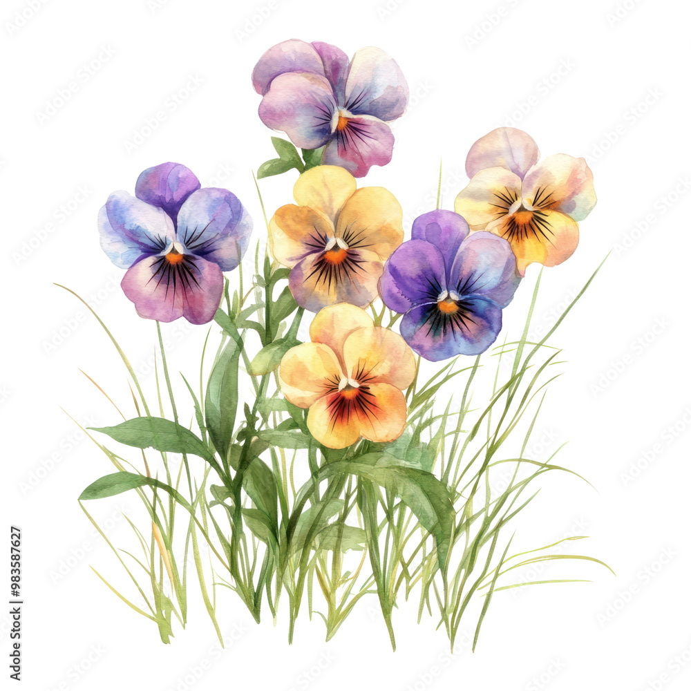PNG Small bouquet of pansies in grass pansy illustration watercolor. PNG Small bouquet of pansies in grass pansy illustration watercolor.