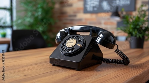 A classic black rotary telephone on a wooden table with a contemporary background, showcasing a blend of retro and modern decor. photo