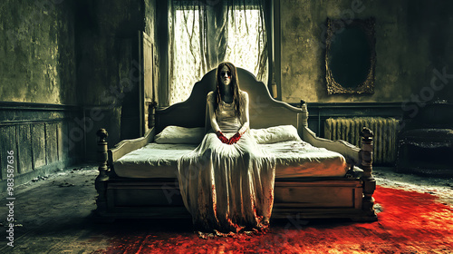 The Haunting Presence: A woman in a white dress sits on a bed in a dilapidated room, her hands stained with blood. The atmosphere is tense, the walls cracked and peeling, the air thick with unease.  
