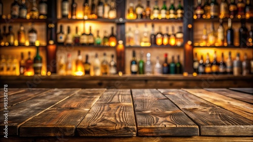 Rustic wooden table with blurred liquor bar background for design projects