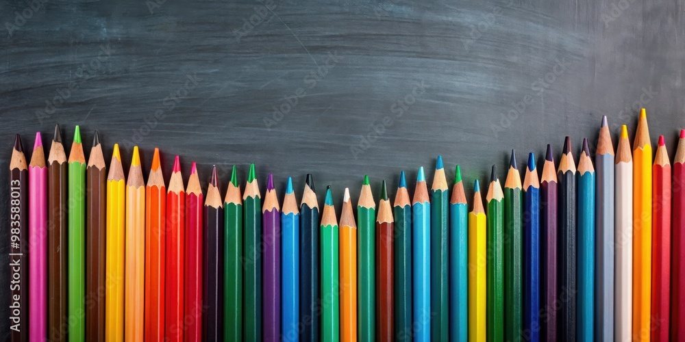 Colored Pencils on Chalkboard Background Top View with Copy Space for Art Education Concept Colored Pencils on Chalkboard Background Top View with Copy Space for Art Education Concept