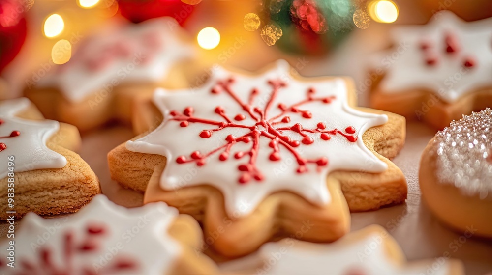 Delicious snowflake cookies decorated with icing, perfect for festive celebrations and holiday gatherings. Delicious snowflake cookies decorated with icing, perfect for festive celebrations and holiday gatherings.