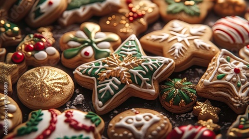 A close-up view of beautifully decorated Christmas cookies, featuring intricate designs and vibrant colors, perfect for festive occasions.