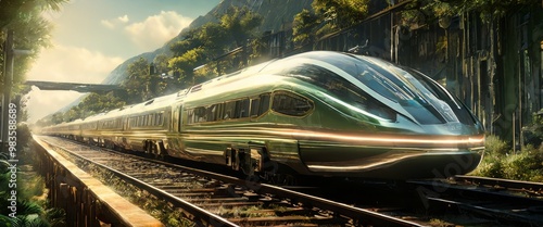 A sleek, futuristic high-speed train races along a track in a verdant, lush landscape. Sunlight filters through the trees, highlighting the metallic sheen of the train's design, evoking speed and