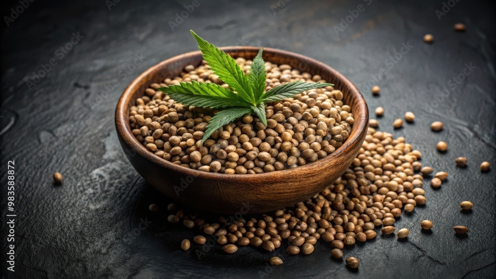 Cannabis seeds displayed in a rustic bowl on a textured black background with copy space Cannabis seeds displayed in a rustic bowl on a textured black background with copy space