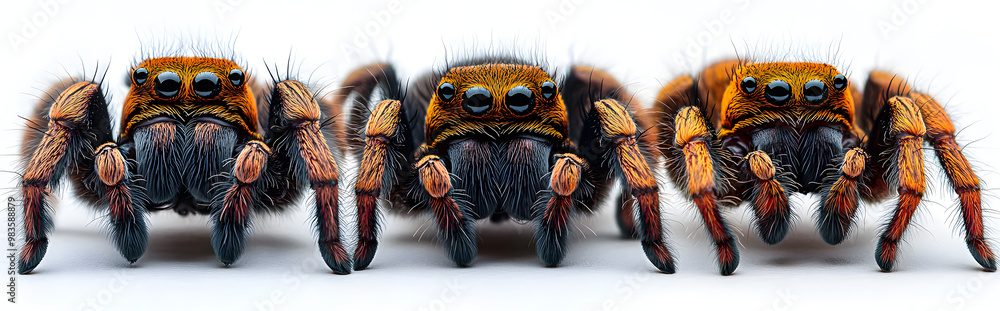 Three Different Spider Species, Front View, White Background
Three Different Spider Species, Front View, White Background