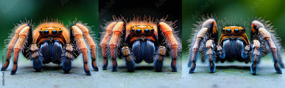 Three Different Spider Species, Front View, White Background
Three Different Spider Species, Front View, White Background