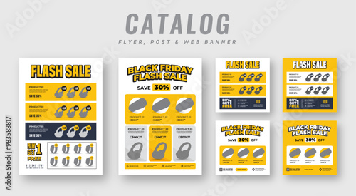 Supermarket product sale catalog flyer bundle with social media post | Black Friday web banner ads | Poster set for promotion | Cyber Monday square banner & catalog flyer