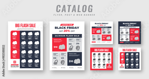 Supermarket product sale catalog flyer bundle with social media post | Black Friday web banner ads | Poster set for promotion | Cyber Monday square banner & catalog flyer