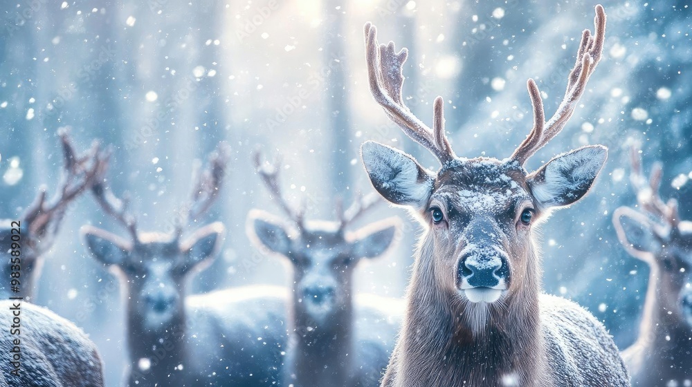 A majestic deer stands out in a snowy forest, surrounded by swirling snowflakes, capturing the serene beauty of winter.