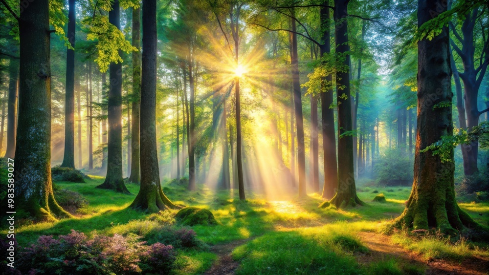 Enchanting Forest Landscape with Sunlight Streaming Through Trees Nature Photo Enchanting Forest Landscape with Sunlight Streaming Through Trees Nature Photo