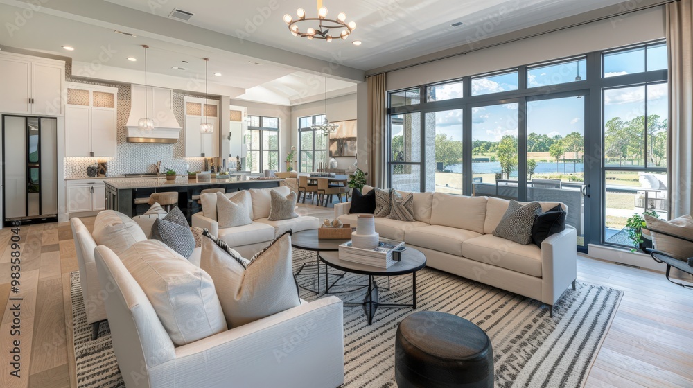 Modern Living Room with White Couches and Water View Modern Living Room with White Couches and Water View