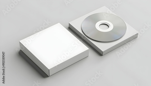 Realistic CD disc and carton packaging cover template mock up. Digipak case of cardboard CD drive. With white blank for branding design or text. isolated on soft gray background.3D rendering.   photo