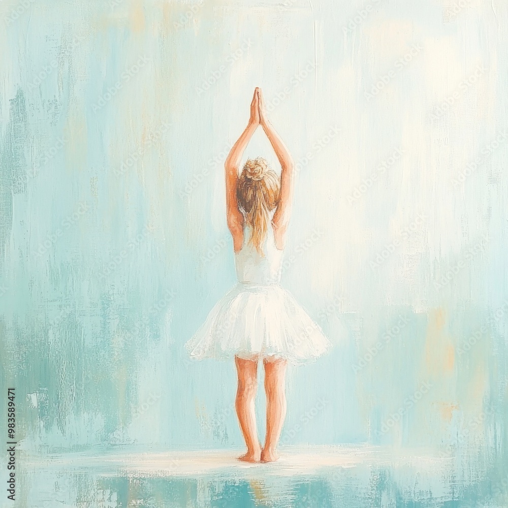 Naklejka premium A young girl standing in a yoga pose, in a peaceful setting with soft pastel colors, evoking tranquility and mindfulness.