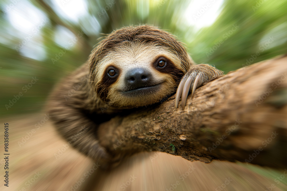 A sloth holding onto tree branch with playful expression. A sloth holding onto tree branch with playful expression.