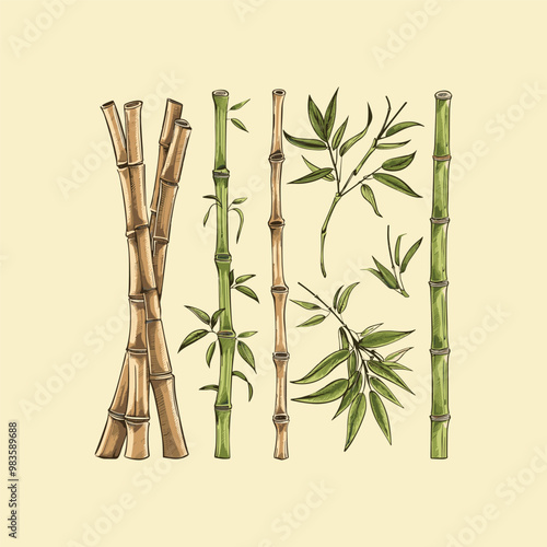 Set of bamboo with engraving style design vector illustration