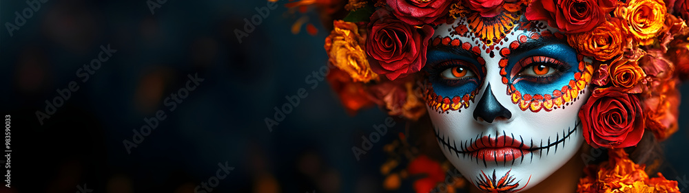 Day of the Dead-Style Makeup: A Mexican Catrina with Colorful and Intricate Face Paint Celebrating Día de los Muertos
Day of the Dead-Style Makeup: A Mexican Catrina with Colorful and Intricate Face Paint Celebrating Día de los Muertos