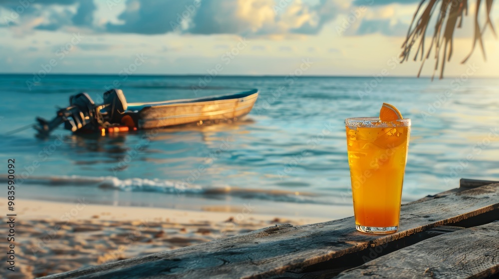 Refreshing orange drink on rustic table with anchored boat and tranquil ocean waves nearby Refreshing orange drink on rustic table with anchored boat and tranquil ocean waves nearby