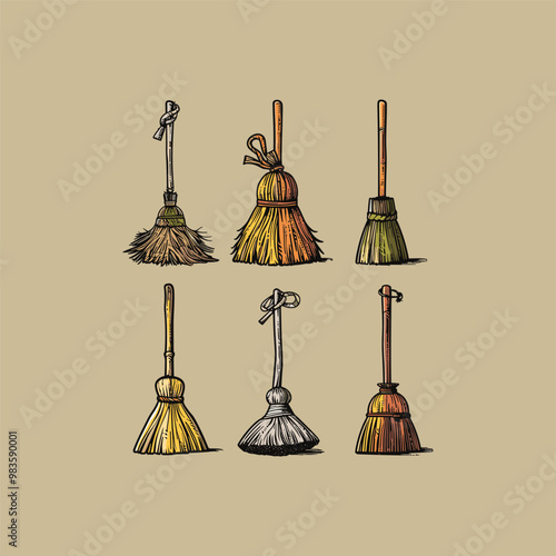 set of broom with engraving style design vector illustration