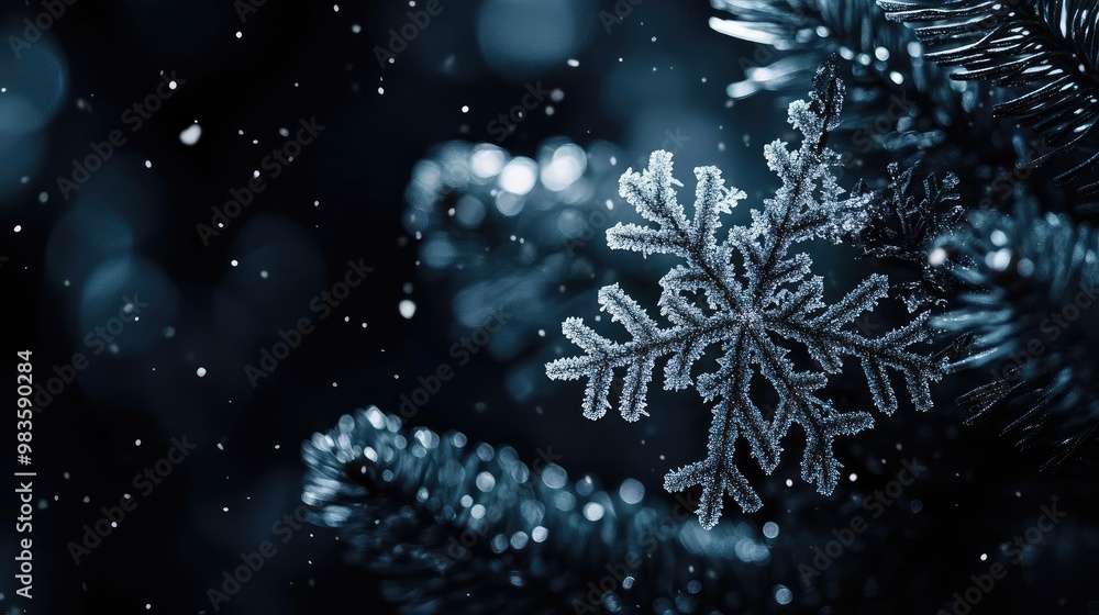 A beautiful snowflake rests delicately on a dark pine tree, surrounded by gently falling snow in a winter wonderland ambiance. A beautiful snowflake rests delicately on a dark pine tree, surrounded by gently falling snow in a winter wonderland ambiance.