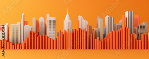 Graph with skyrocketing interest rates, corporate buildings in background, 3D illustration. US Federal Reserve cuts and raises interest rates. World economy