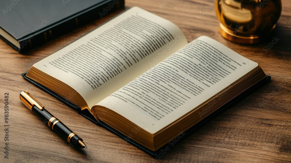 Fototapeta premium Open Book with Gold Pen on Wooden Table