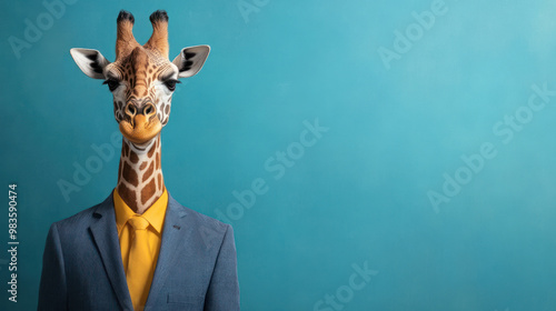 A grumpy giraffe in business suit stands against blue background, exuding unique charm.