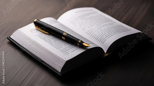 Open Book with Gold Trim Fountain Pen on Wooden Desk