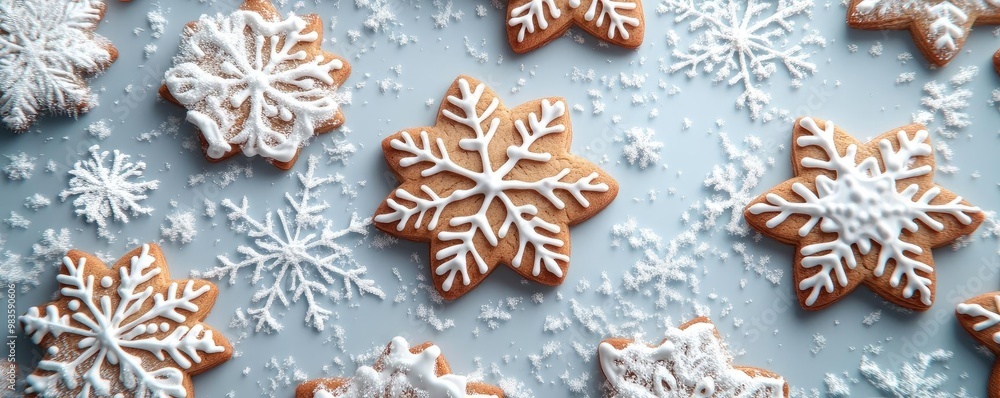 Deliciously decorated gingerbread cookies in snowflake shapes, perfect for holiday celebrations and festive gatherings. Deliciously decorated gingerbread cookies in snowflake shapes, perfect for holiday celebrations and festive gatherings.