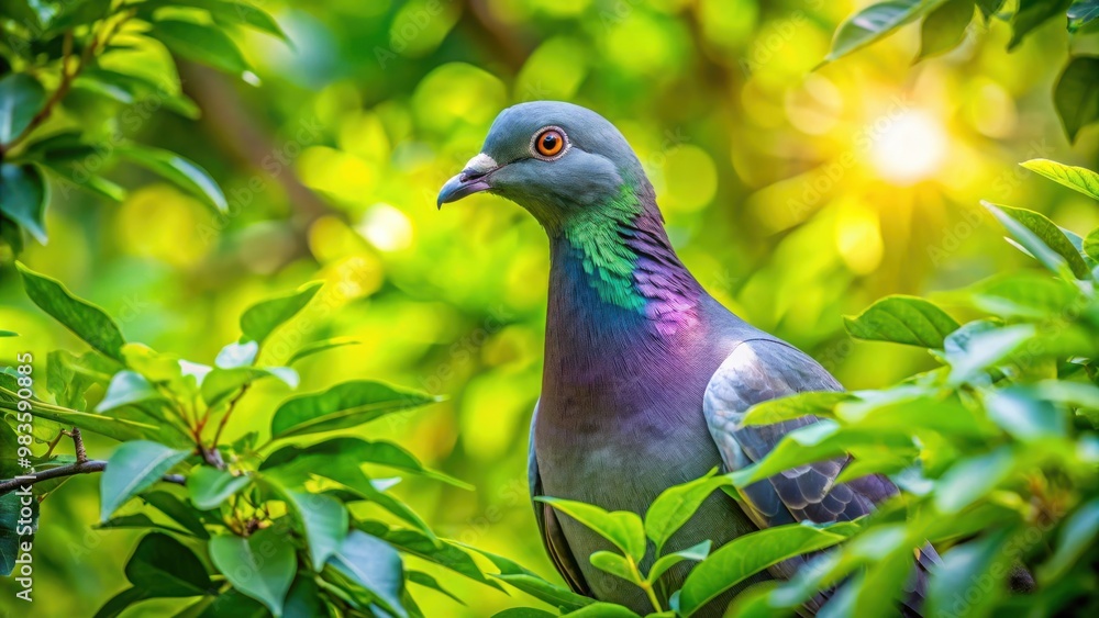 Pigeon perched high in lush tree canopy surrounded by vibrant green leaves Pigeon perched high in lush tree canopy surrounded by vibrant green leaves