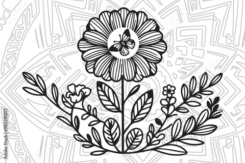Fantasy flowers coloring page with butterfly 
