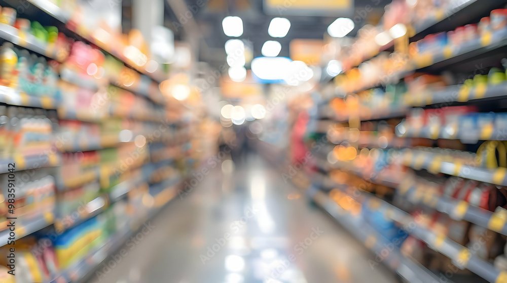 Fototapeta premium Abstract Blurred Background of a Supermarket Aisle, Featuring Rows of Products on Shelves, Blurry Lights, and the Out-of-Focus Shapes of People Shopping