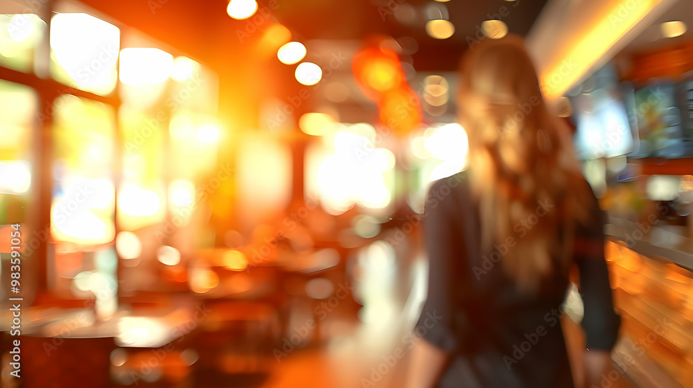 Fototapeta premium Abstract Blurred Background of a Restaurant with a Person Walking Through it, Golden Light