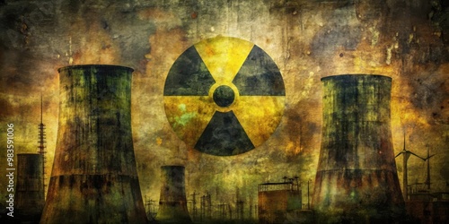 Grunge abstract industrial collage with radiation and nuclear symbols in dark colors