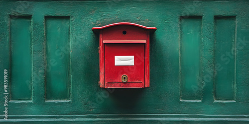 A Red Mailbox with a Green Envelope Positioned Against a Teal Wall, Featuring a Bright and Colorful Contrast for a Vibrant Visual Appeal 