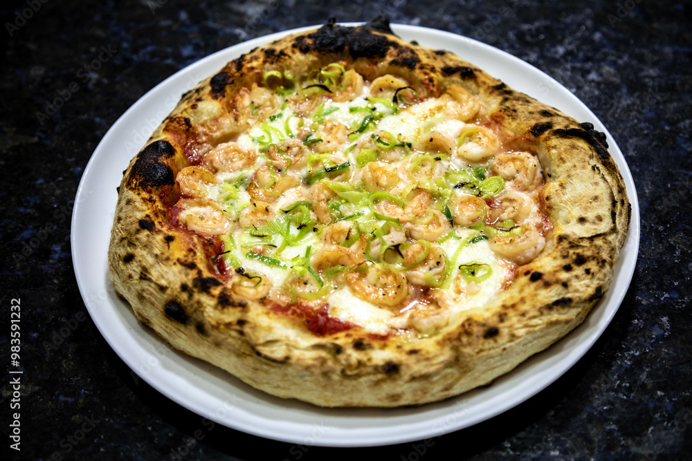 Rustic artisanal shrimp pizza with catupiry cheese and leeks Rustic artisanal shrimp pizza with catupiry cheese and leeks
