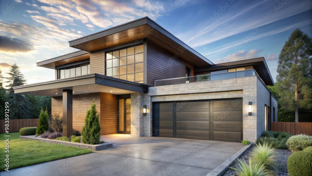 Modern house with contemporary shed roof design and attached garage in daylight setting Modern house with contemporary shed roof design and attached garage in daylight setting
