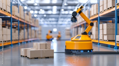 Industrial robot moving packages in a warehouse. Automation and logistics concept in modern manufacturing.