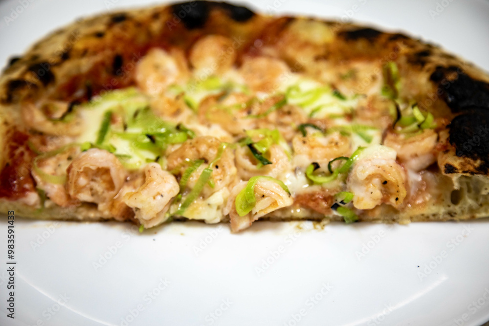 Rustic artisanal shrimp pizza with catupiry cheese and leeks Rustic artisanal shrimp pizza with catupiry cheese and leeks