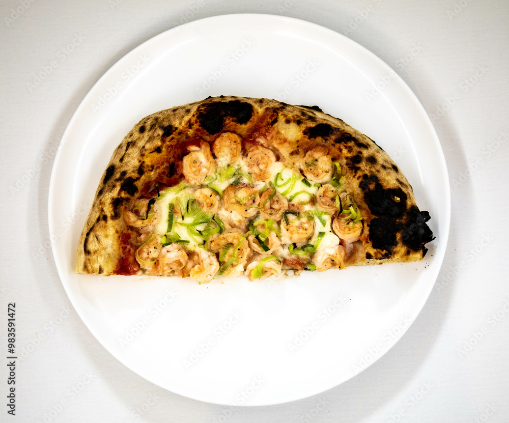Rustic artisanal shrimp pizza with catupiry cheese and leeks
