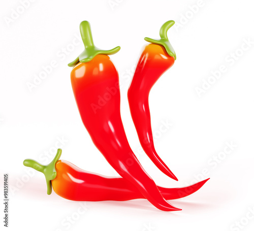 3d red chili pepper render icons. Hot spicy plant fruit, cayenne pepper, jalapeno or anaheim isolated on white background. Natural spicy paprika seasoning, organic farm vegetable. 3D illustration photo